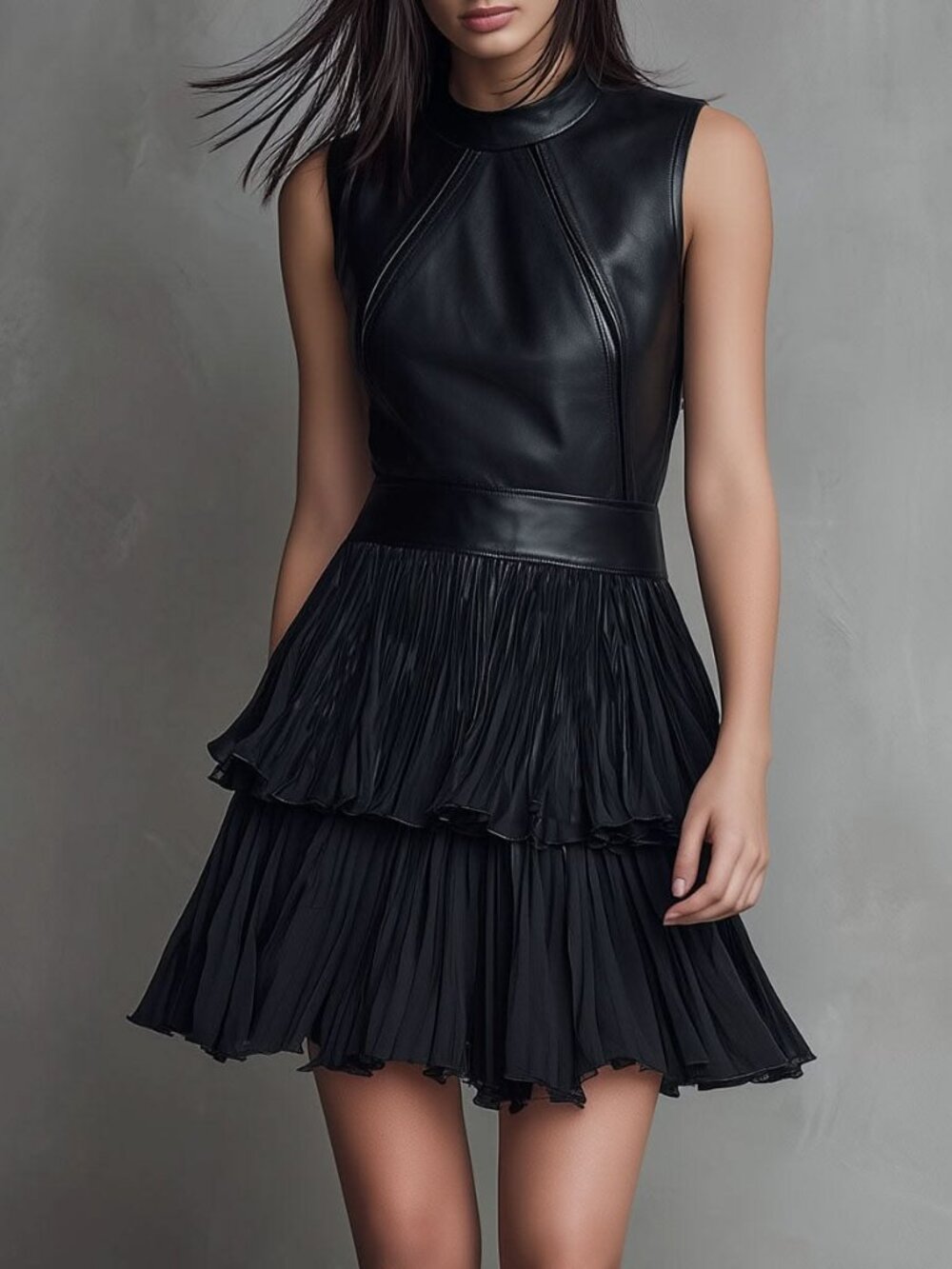 NWT FuTario Women's Chic Black Eco Leather Pleated Chiffon Tiered Mini Dress L